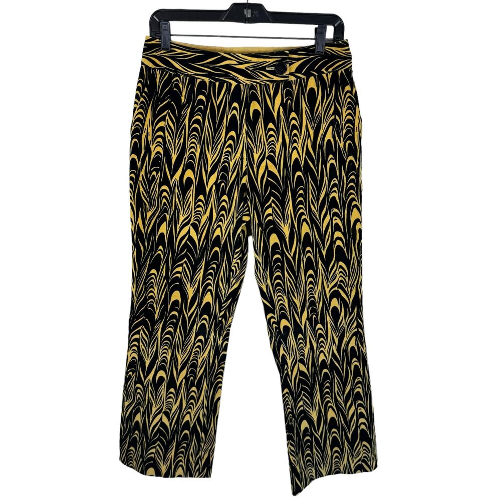 Etcetera Black Yellow Cotton Flared Abstract High Rise Velvet Funky Pants Size 6